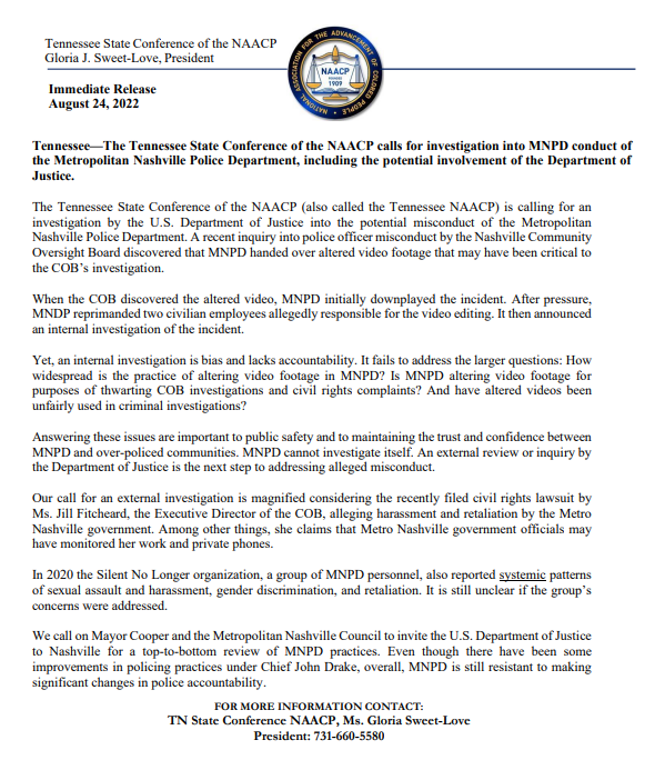 Tennessee NAACP release